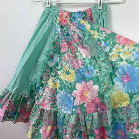 Vintage 80s Pitchfork Brand Green Floral Lace Square Dance Outfit Skirt Medium - Picture 8 of 16